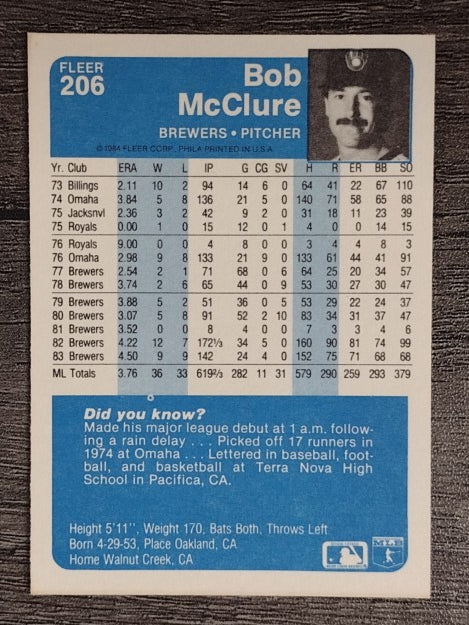 1984 Fleer #206 Bob McClure