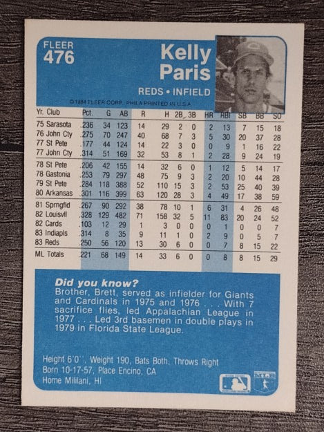 1984 Fleer #476 Kelly Paris