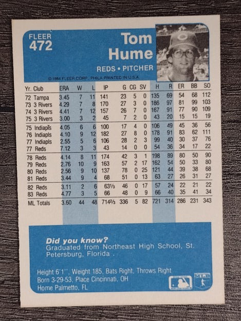1984 Fleer #472 Tom Hume