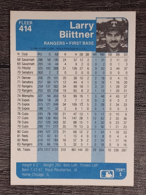 1984 Fleer #414 Larry Biittner