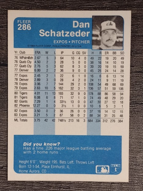 1984 Fleer #286 Dan Schatzeder