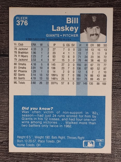 1984 Fleer #376 Bill Laskey