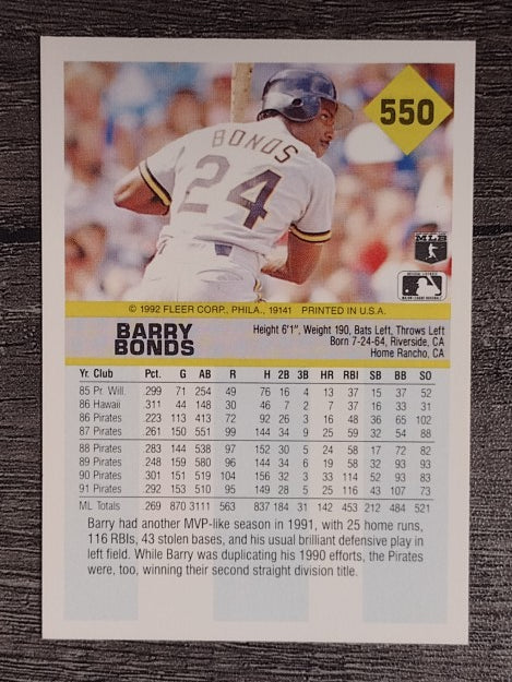 1992 Fleer #550 Barry Bonds