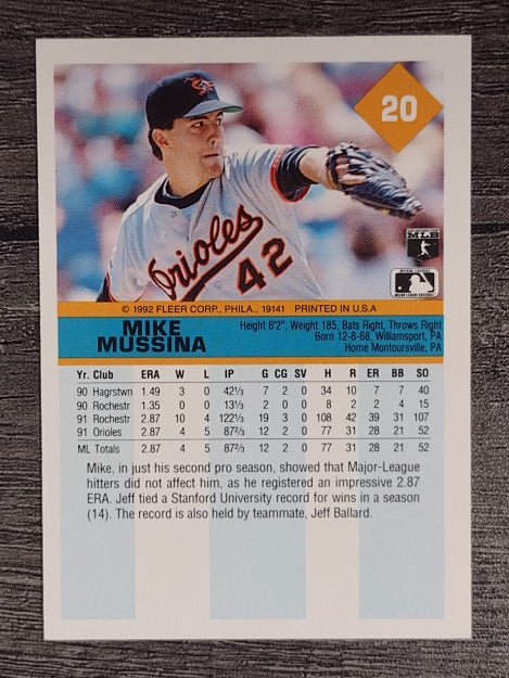 1992 Fleer #20 Mike Mussina UER/Card back refers/to him as Jeff