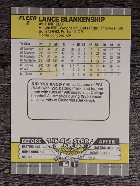 1989 Fleer #2 Lance Blankenship RC