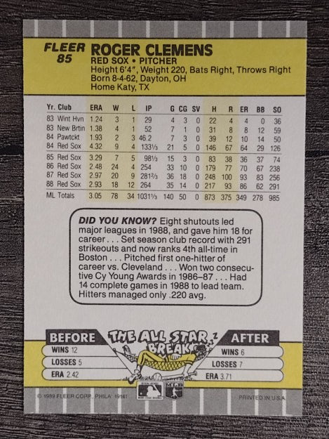 1989 Fleer #85 Roger Clemens