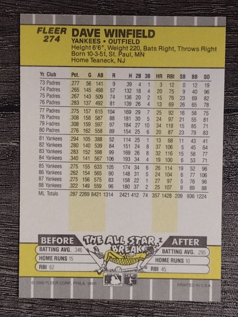 1989 Fleer #274 Dave Winfield