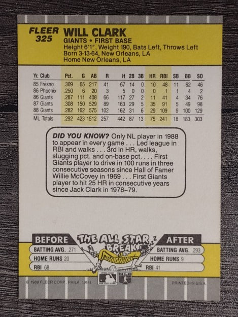 1989 Fleer #325 Will Clark