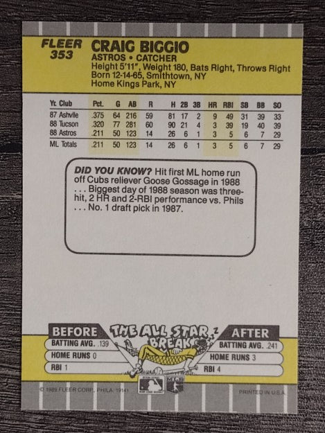 1989 Fleer #353 Craig Biggio RC