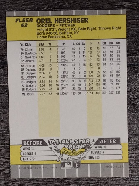 1989 Fleer #62 Orel Hershiser