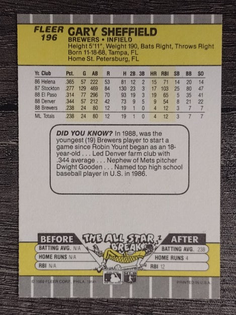 1989 Fleer #196 Gary Sheffield RC