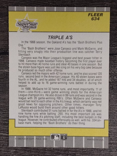 1989 Fleer #634 Jose Canseco/Terry Steinbach/Mark McGwire