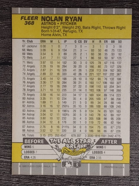 1989 Fleer #368 Nolan Ryan