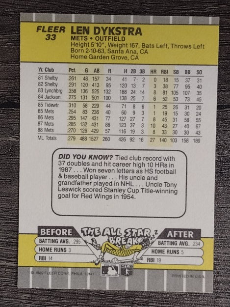 1989 Fleer #33 Len Dykstra