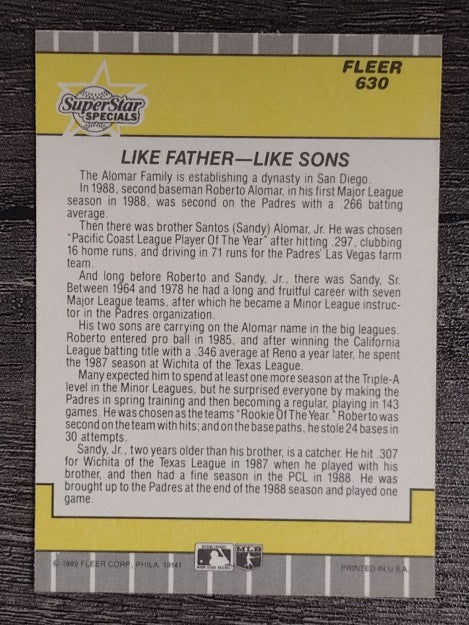 1989 Fleer #630 Roberto Alomar/Sandy Alomar Jr.