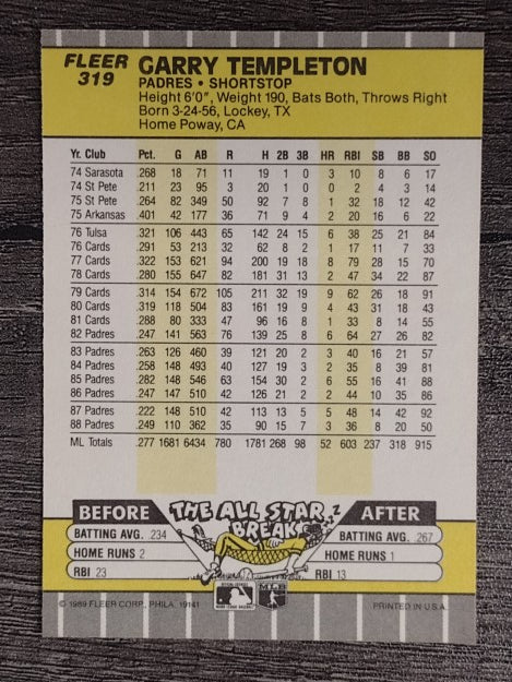 1989 Fleer #319 Garry Templeton