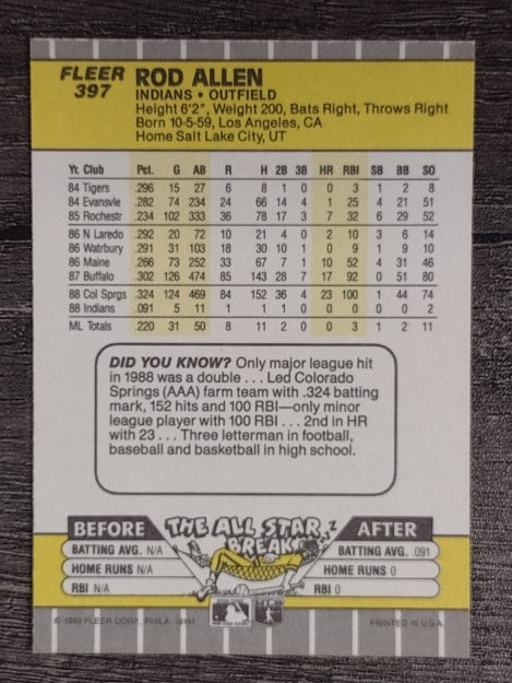 1989 Fleer #397 Rod Allen RC