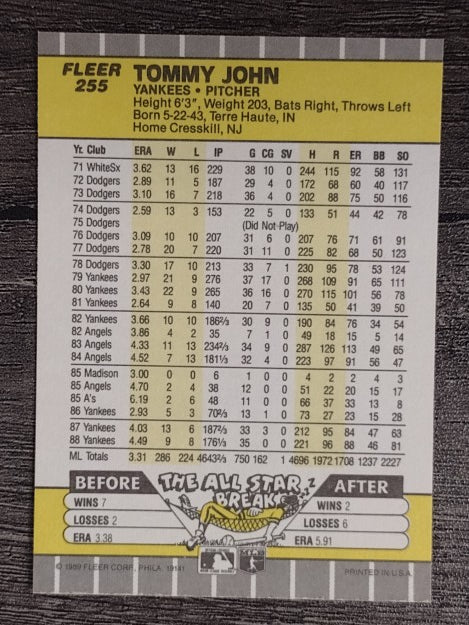 1989 Fleer #255 Tommy John