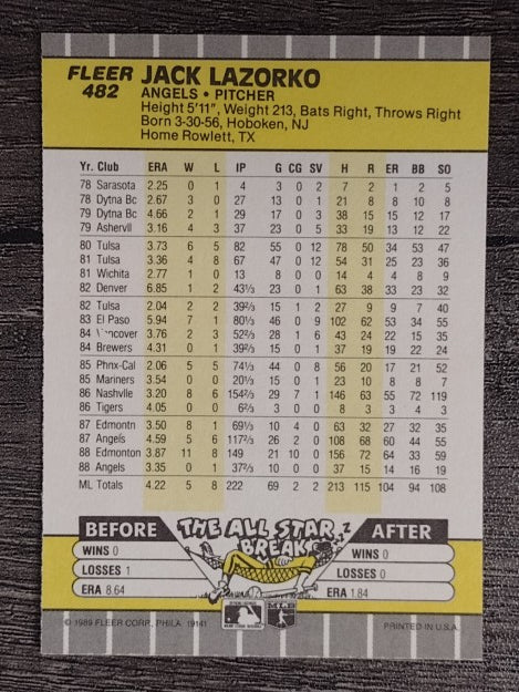 1989 Fleer #482 Jack Lazorko