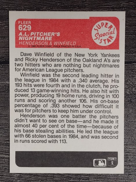 1985 Fleer #629 Dave Winfield/Rickey Henderson