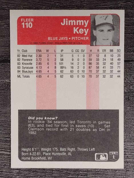 1985 Fleer #110 Jimmy Key RC