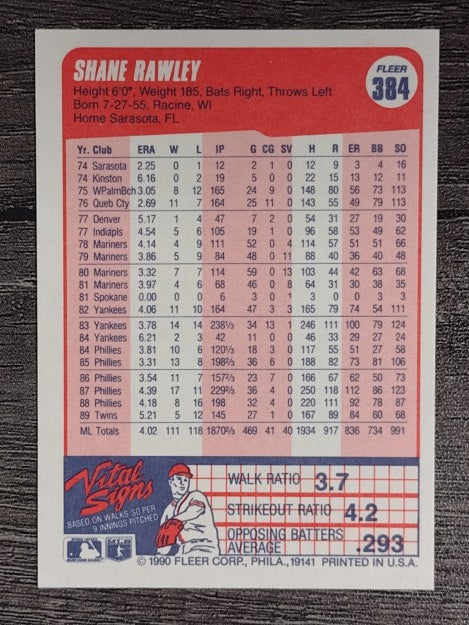 1990 Fleer #384 Shane Rawley