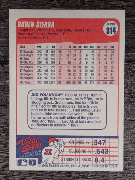 1990 Fleer #314 Ruben Sierra