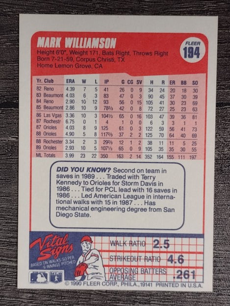 1990 Fleer #194 Mark Williamson