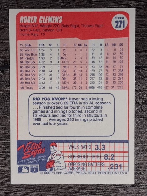 1990 Fleer #271 Roger Clemens