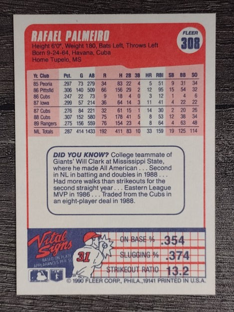 1990 Fleer #308 Rafael Palmeiro