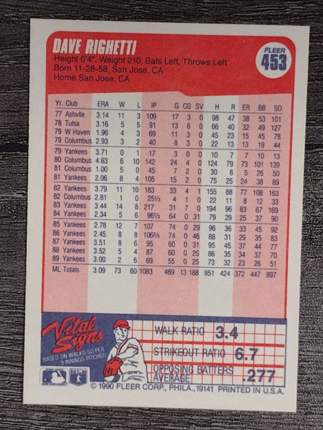 1990 Fleer #453 Dave Righetti