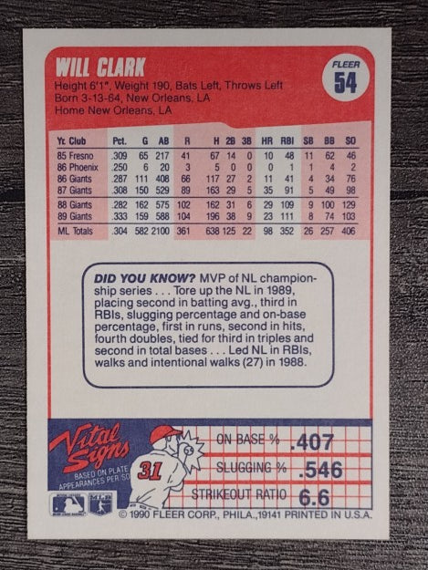 1990 Fleer #54 Will Clark