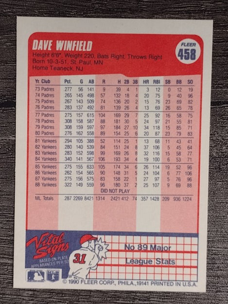 1990 Fleer #458 Dave Winfield