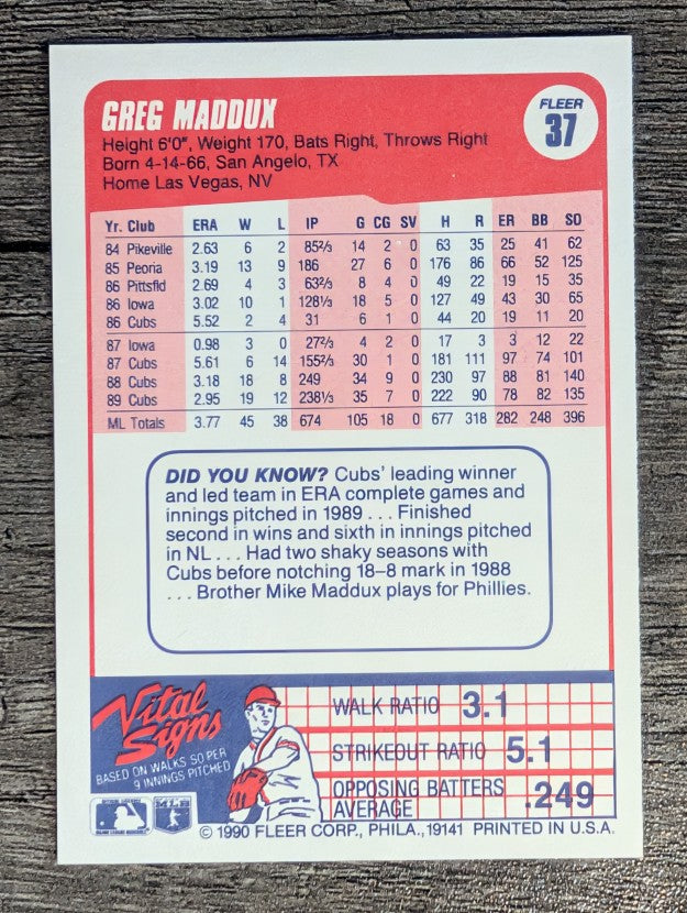 1990 Fleer #37 Greg Maddux