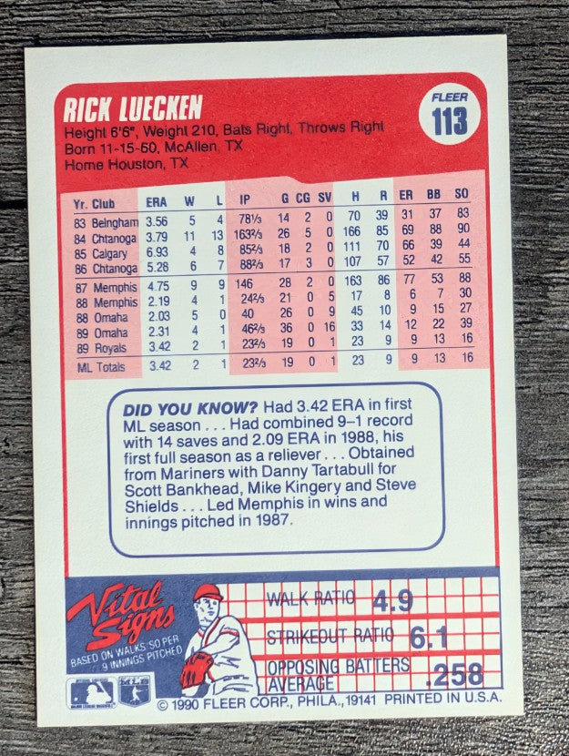 1990 Fleer #113 Rick Luecken RC
