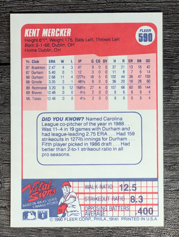 1990 Fleer #590 Kent Mercker RC