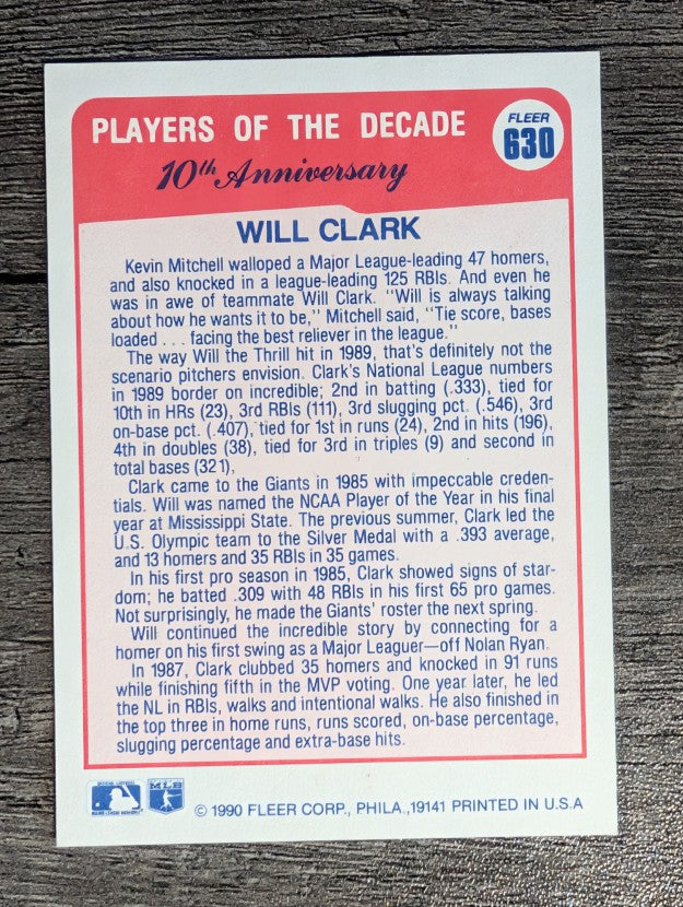 1990 Fleer #630B Will Clark '89 COR/321 total bases