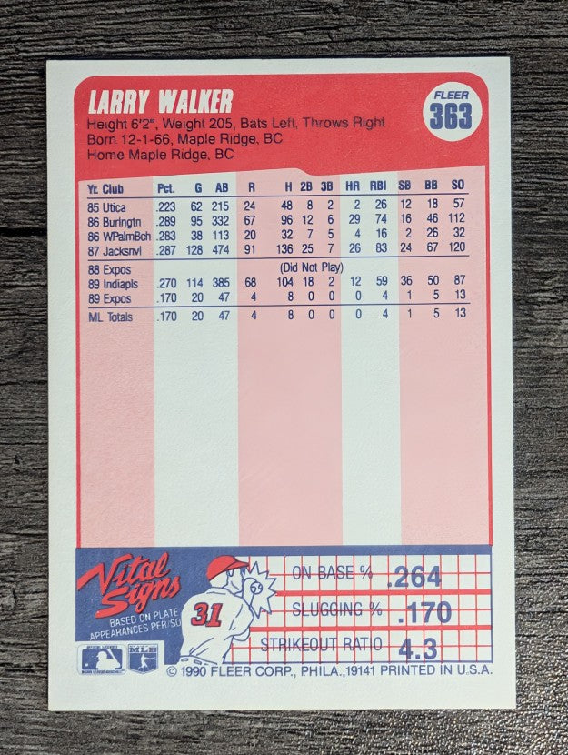 1990 Fleer #363 Larry Walker RC