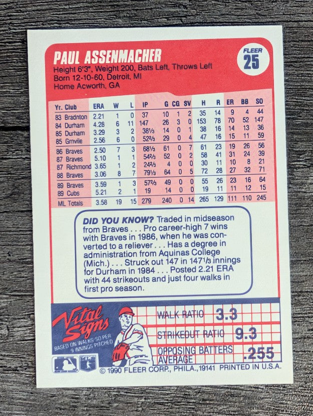 1990 Fleer #25 Paul Assenmacher
