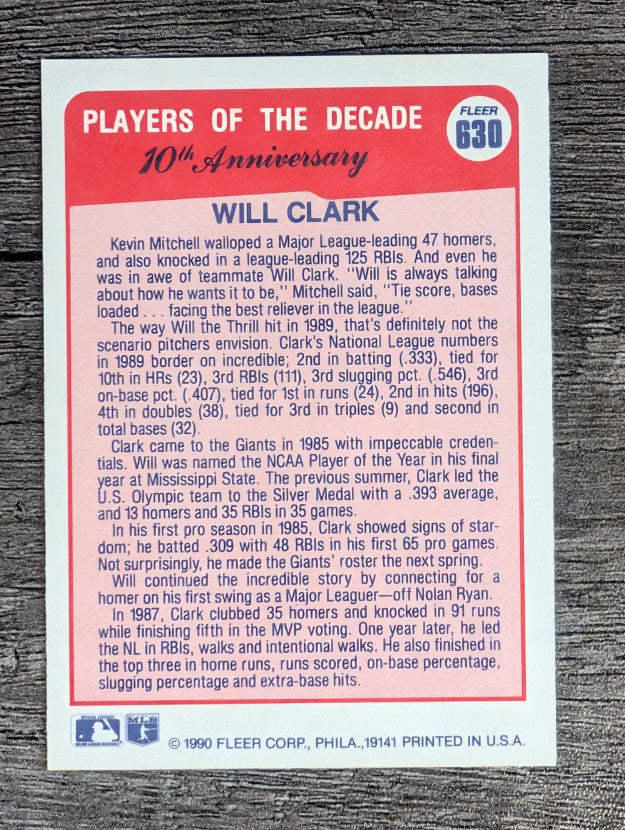 1990 Fleer #630A Will Clark '89 ERR/32 total bases on card back