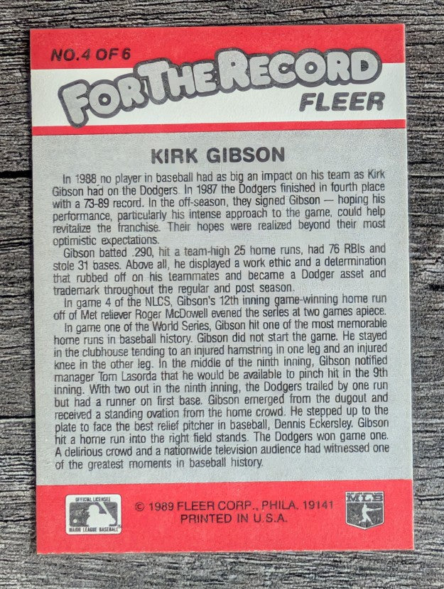 1989 Fleer For The Record #4 Kirk Gibson