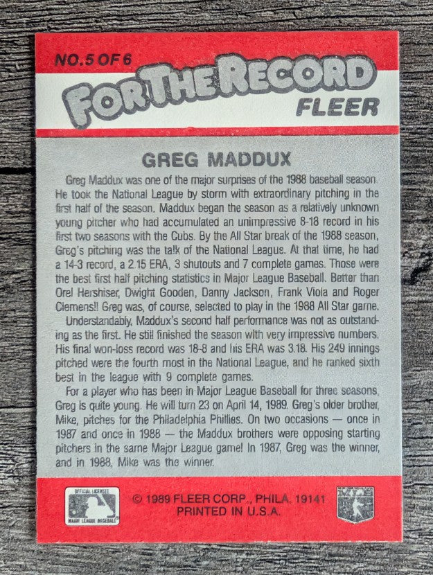 1989 Fleer For The Record #5 Greg Maddux