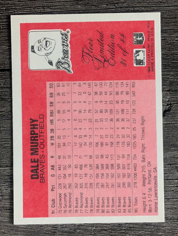 1986 Fleer Limited Edition #31 Dale Murphy