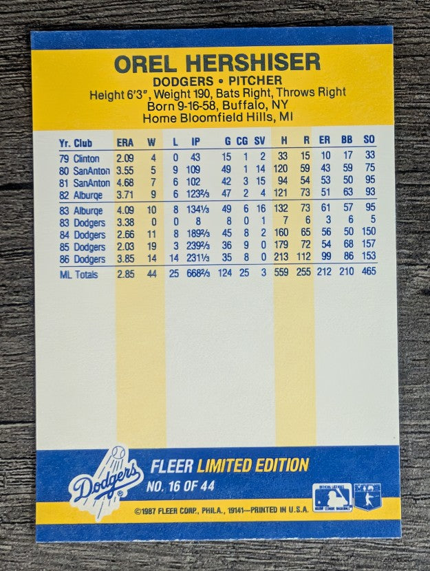 1987 Fleer Record Setters #16 Orel Hershiser