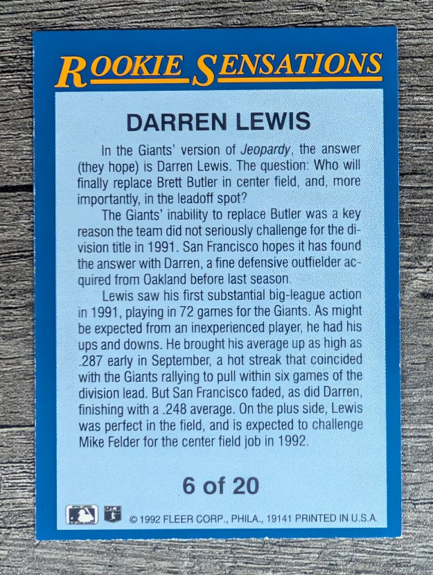 1992 Fleer Rookie Sensations #6 Darren Lewis
