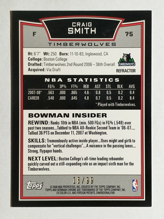 2008-09 Bowman Chrome Refractors Blue #75 Craig Smith
