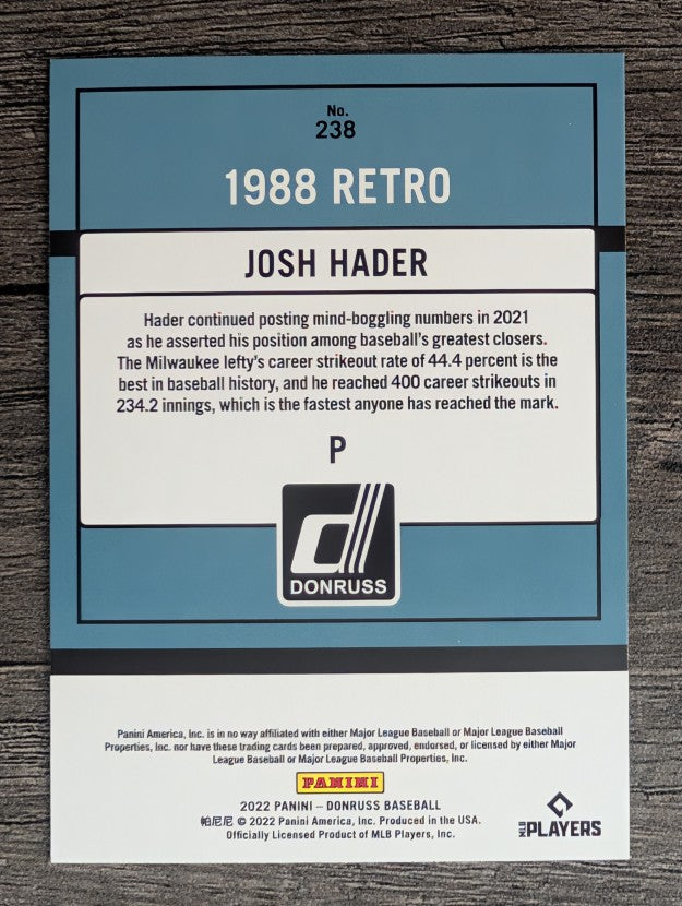 2022 Donruss Holo Blue #238 Josh Hader RETRO