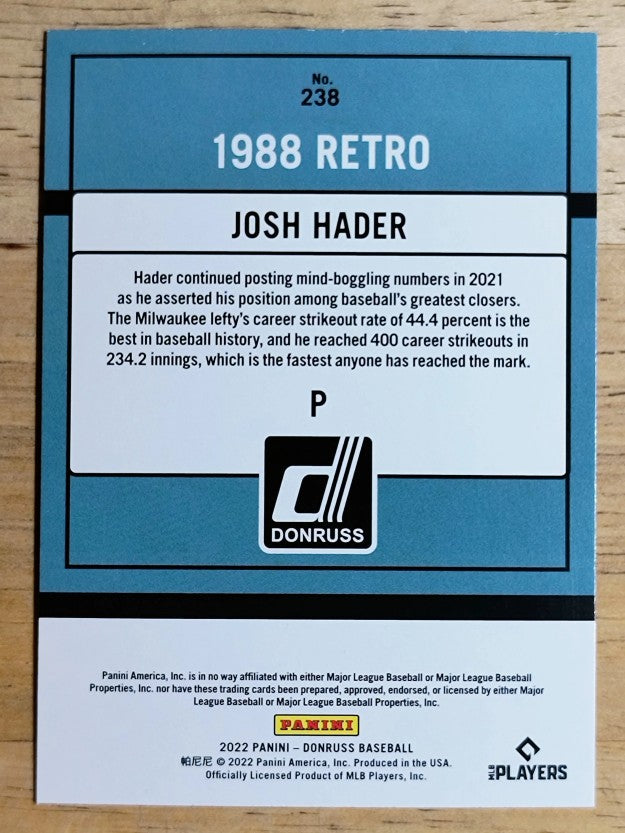2022 Donruss Holo Blue #238 Josh Hader RETRO