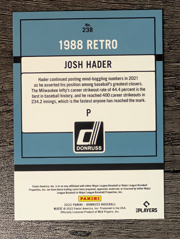 2022 Donruss Holo Blue #238 Josh Hader RETRO