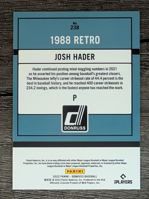 2022 Donruss Holo Blue #238 Josh Hader RETRO